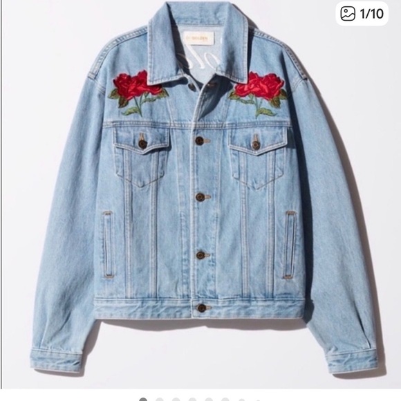 Aritzia Jackets & Blazers - Aritzia Light Blue Denim Jacket with Red Floral Embroidery